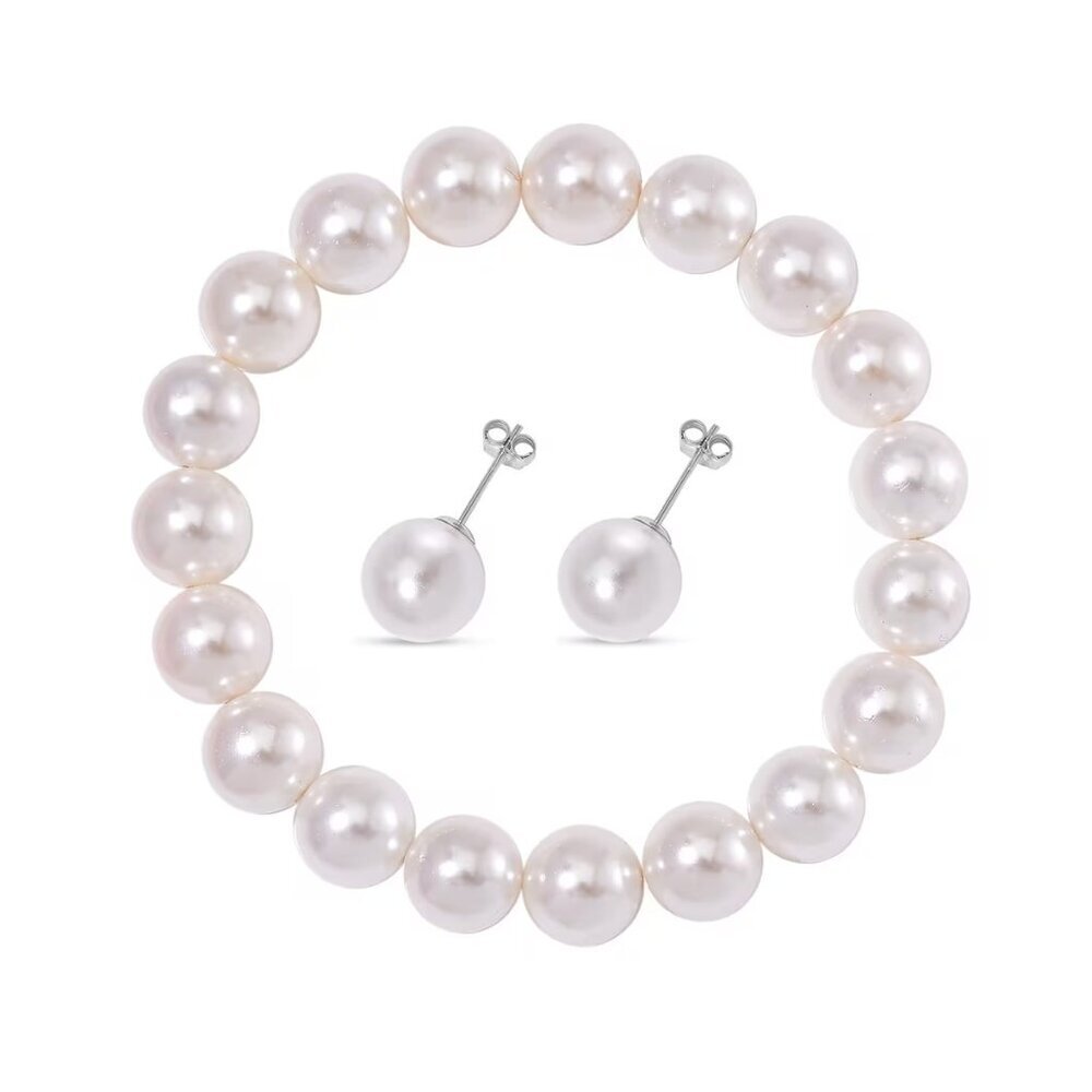 White Shell Pearl Stretch Bracelet and Earrings in Rhodium Over Sterling Silver